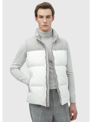 Beyaz Regular Fit Dik Yaka Casual Dokuma Spor Yelek