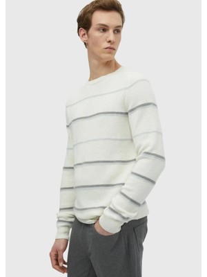 Ekru Bisiklet Yaka Çizgili Yün Karışımlı Triko Kazak