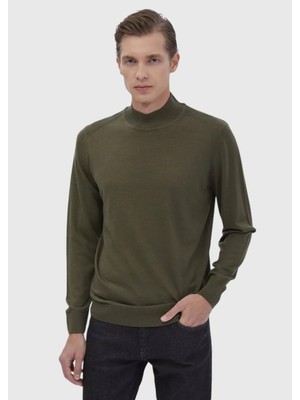 Haki Bato Yaka Düz Örgü Yün Karışımlı Triko Kazak