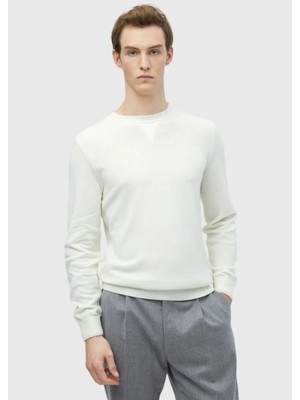 Ekru Bisiklet Yaka Düz Örgü Yün Karışımlı Triko Kazak