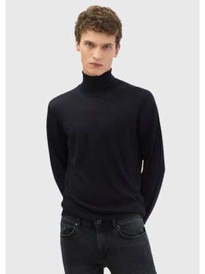 Lacivert Tam Balıkçı Yaka Düz Örgü Ipek Karışımlı Triko Kazak