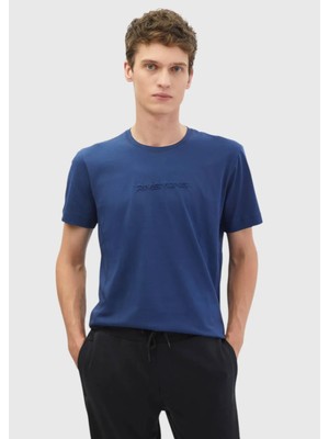 Saks Baskılı Bisiklet Yaka %100 Pamuk T-Shirt