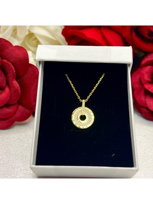 Zirkon Taşlı Halka Kadın Kolyesi 925 Ayar Gümüş Zincirli Altın Kaplama