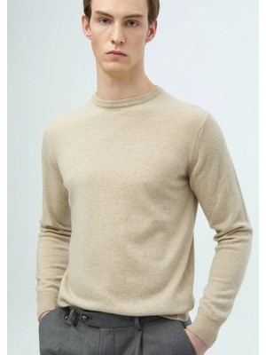 Bej Bisiklet Yaka Düz Örgü %100 Kaşmir Triko Kazak