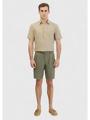 Haki Düz Dokuma Carrot Fit Casual %100 Keten Bermuda