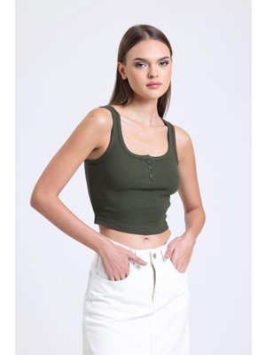 Hiccup Kadınlar Kare Yaka Fitilli Düğmeli Askılı Tank Top Haki Yeşil
