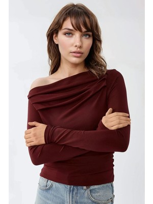 Hiccup Kadın Asimetrik Yaka Drape Detaylı Örme Üst Bordo Kırmızı