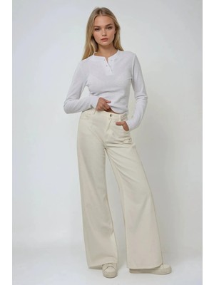 Hiccup Kadın Uzun Kollu Bisiklet Yaka Waffle T-shirt Tozlu Beyaz