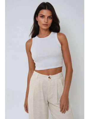 Hiccup Kadın Halter Yaka Fitilli Kısa Örme Askılı Üst Beyaz