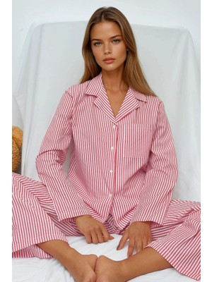 Hiccup Kadınlar Çizgili Pamuklu Pijama Takımı Bordo Kırmızı