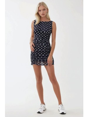 Hiccup Kadınlar Kayık Yaka Puantiye Desenli Mini Bodycon Elbise Lacivert