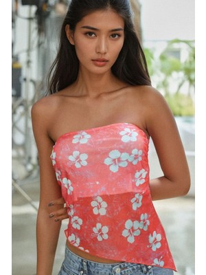 Hiccup Kadın Straplez Çiçekli Örgü Kısa Üst Macenta Pembesi