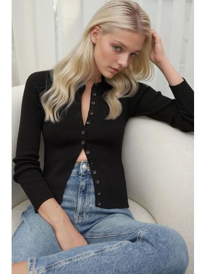 Hiccup Kadın Uzun Kollu Düğmeli Hırka Siyah