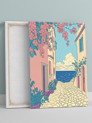 Seaside Stroll, Sahilde Yürüyüş, Vektörel Sanat Deniz Manzaralı Kanvas Tablo - Tuval Tablo