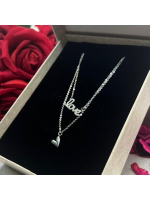 Love Yazılı ve Kalp Figürlü Ikili Kadın Kolyesi 925 Ayar Gümüş Zincirli Rodyumlu Zirkon Taşlı

