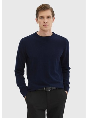 Lacivert Bisiklet Yaka Düz Örgü %100 Kaşmir Triko Kazak