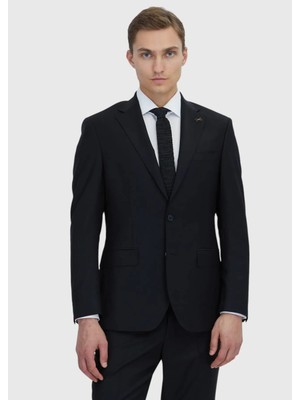 Siyah Düz Modern Fit Yün Karışımlı Takım Elbise