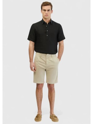 Bej Düz Dokuma Regular Fit Casual Pamuk Karışımlı Bermuda