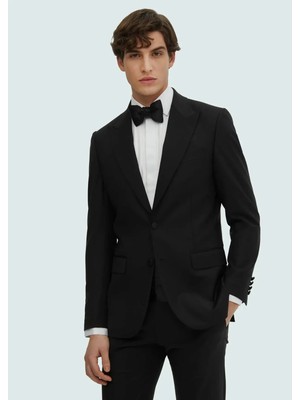 Siyah Düz Thin&taller Slim Fit Kruvaze Yaka Dokuma Smokin Takım Elbise