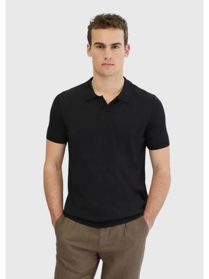 Ramsey Siyah Polo Yaka Düz Örgü Triko