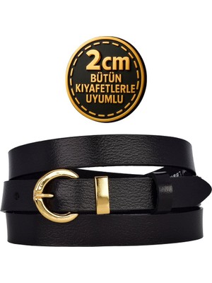 %100 Hakiki Deri Gold Renk Takım Köprülü Siyah Kadın Kemeri 2cm Bütün Kıyafetlere Uyar_kilit-Gold