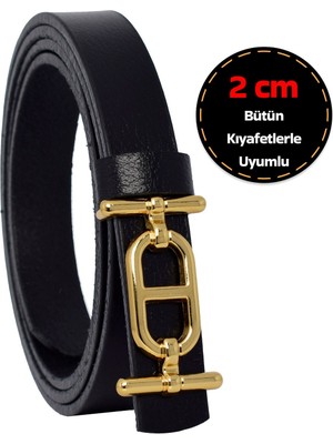 %100 Hakiki Deri, Gold Renk Tokalı Ince 2 cm Siyah Kadın Elbise, Pantolon Kemeri; Tt+Tt