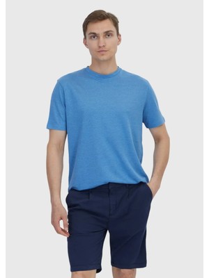 Mavi Düz Bisiklet Yaka %100 Keten T-Shirt