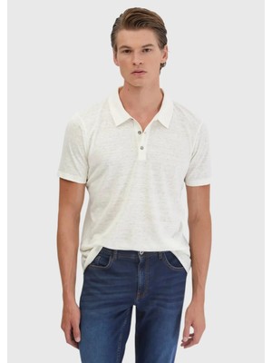 Ekru Düz Polo Yaka %100 Keten T-Shirt