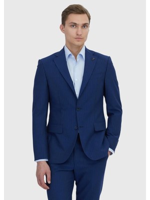 Ramsey Açık İndigo Çizgili Modern Fit Yün Karışımlı Takım Elbise