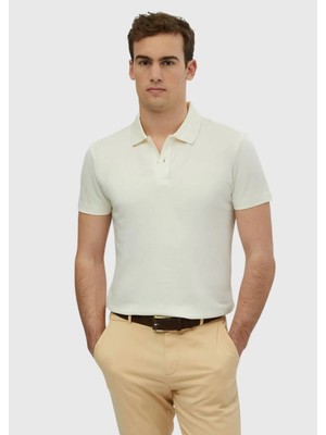 Ekru Düz Polo Yaka %100 Pamuk T-Shirt