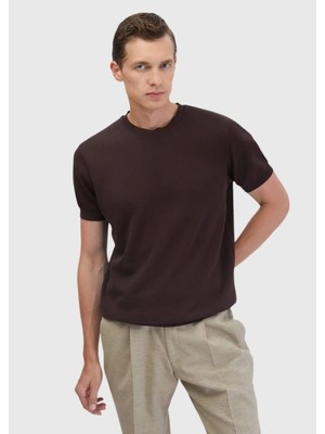 Kahverengi Jakarlı Bisiklet Yaka %100 Pamuk T-Shirt