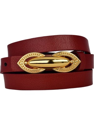 %100 Hakiki Deri, Gold Renk Tokalı Ince 2 cm Kırmızı Kadın Elbise, Pantolon Kemeri; Tümsek