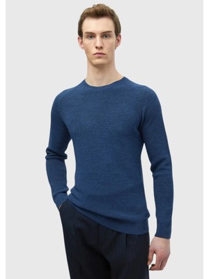Koyu Indigo Bisiklet Yaka Jakarlı Yün Karışımlı Triko Kazak