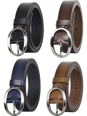 %100 Hakiki Deri Mat Gümüş Oval Tokalı 4'lü Set Kadın Kemeri, 3 Cm=3cm-Kdn-39-Nik.ov