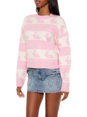 F21 Çizgili Tavşan Desenli Kazak