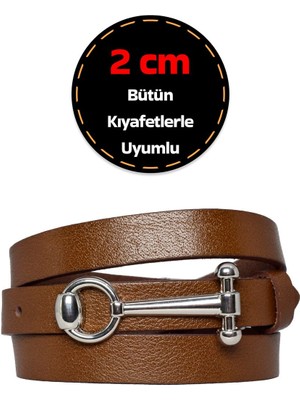 %100 Hakiki Deri, Gümüş Tokalı Ince 2 cm Açık Kahverengi Kadın Kemeri; Elbise, Pantolon Kemeri_anht