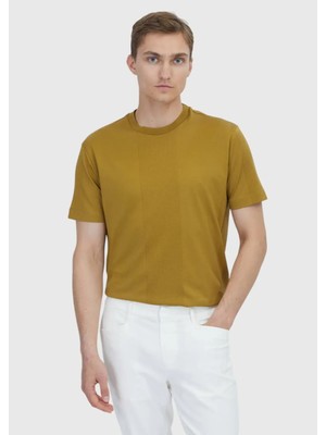 Yağ Yeşili Jakarlı Bisiklet Yaka %100 Pamuk T-Shirt