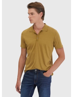 Yağ Yeşili Düz Polo Yaka Pamuk Karışımlı T-Shirt