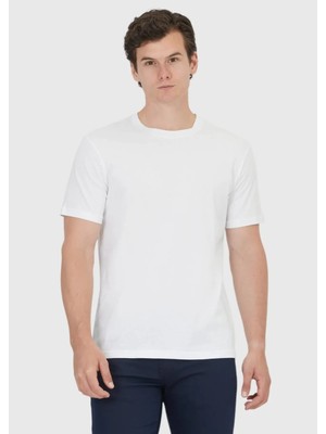 Beyaz Düz Bisiklet Yaka %100 Pamuk T-Shirt