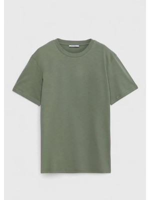 Haki Düz Bisiklet Yaka %100 Pamuk T-Shirt