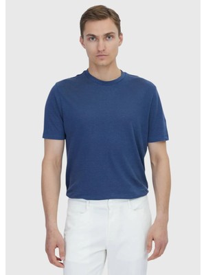 Ramsey İndigo Düz Bisiklet Yaka %100 Keten T-Shirt