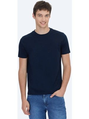 Lacivert Düz Bisiklet Yaka %100 Pamuk T-Shirt