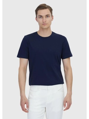 Lacivert Düz Bisiklet Yaka %100 Pamuk T-Shirt