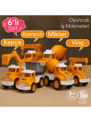 Smartfox Çek Bırak 6'lı İş Makineleri Seti - Eğitici Kepçe Kamyon Vinç Mikser 3+ Yaş Uyumlu