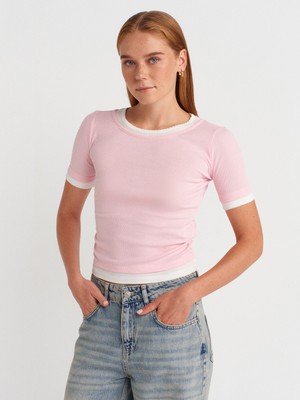 31942 Çift Katlı Büzgülü T-Shirt-Toz Pembe