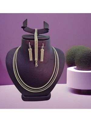 Zincirli Gümüş Takım Kolye Bileklik Küpe Bayan Seti TKM-227