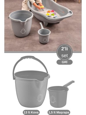 2’li Bebek Banyo Su Kovası ve Maşrapası Seti, Saplı Oluklu Kova 13LT ve Maşrapa 1,5lt Set Gri