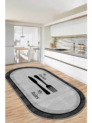 Dijital Yıkanabilir Kaymaz Gri Antrasit Oval Mutfak Halısı Mutfak Dekorasyon DC-5095 Oval
