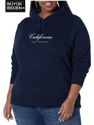 Kadın El Yazılı California Baskılı Büyük Beden Ince Kapşonlu Swatshırt SPR25BSWK62