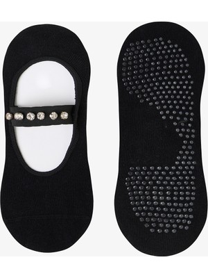 Siyah Kaydırmaz Taban Pamuklu Taş Detaylı Bantlı Pilates&yoga Çorabı
